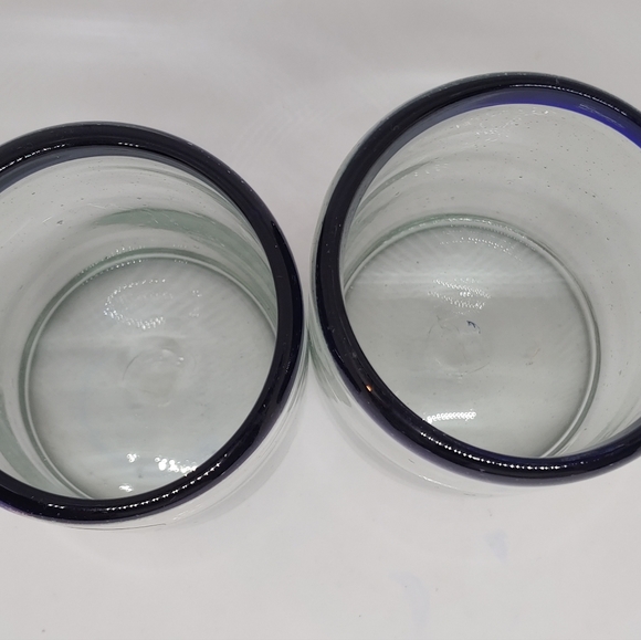 Hand Blown Cobalt Rimmed Recycled Glass Tumbler Glasses - Picture 4 of 7